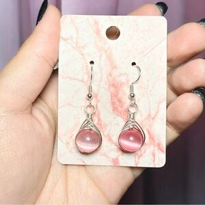 Pink Cat’s Eye Earrings 10mm | Silver Wire Wrapped | Hypoallergenic Hooks